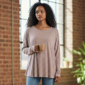 Egy Womens Large ? Ivory Red Striped Long Sleeve Elbow Patch Blouse Shirt Top